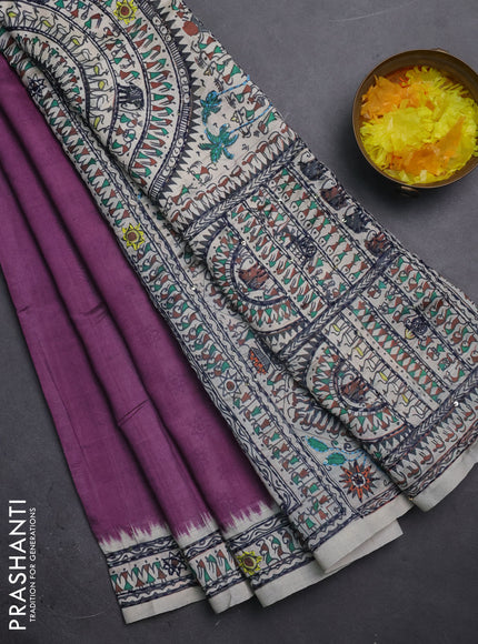 Semi tussar saree purple and cream with plain body and warli prints kantha stitch work border