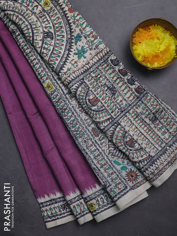 Semi tussar saree purple and cream with plain body and warli prints kantha stitch work border