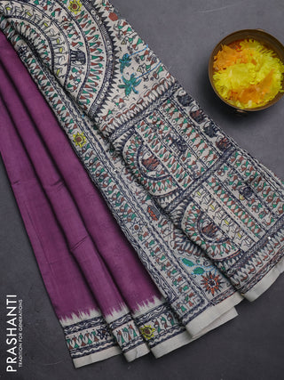 Semi tussar saree purple and cream with plain body and warli prints kantha stitch work border
