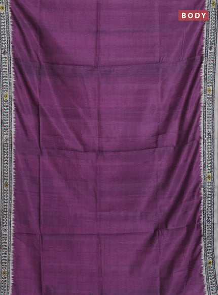 Semi tussar saree purple and cream with plain body and warli prints kantha stitch work border