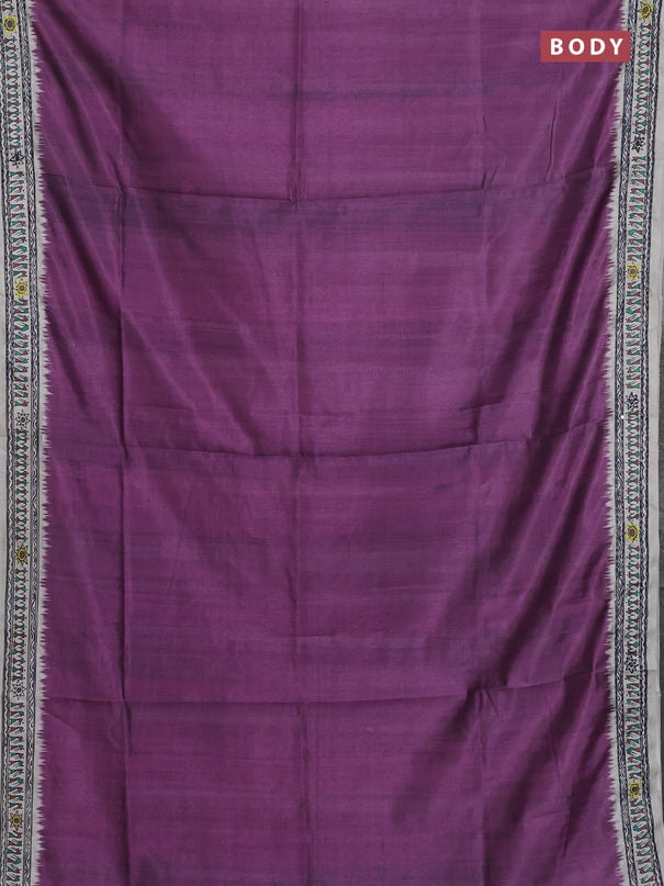 Semi tussar saree purple and cream with plain body and warli prints kantha stitch work border