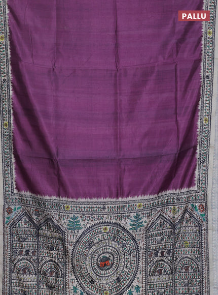 Semi tussar saree purple and cream with plain body and warli prints kantha stitch work border