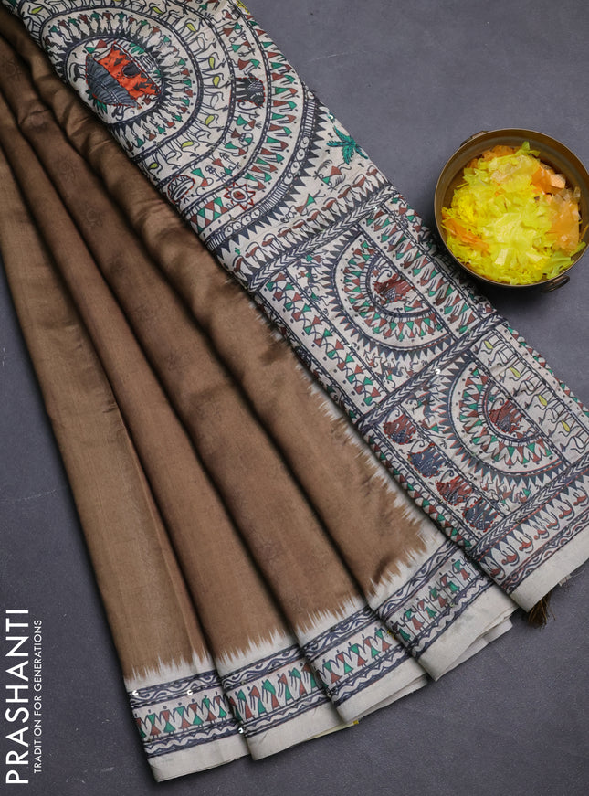 Semi tussar saree dark mehendi green and cream with plain body and warli prints kantha stitch work border
