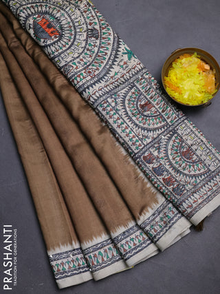 Semi tussar saree dark mehendi green and cream with plain body and warli prints kantha stitch work border