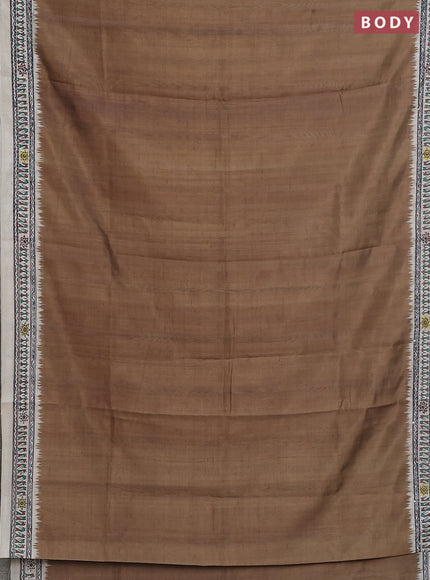 Semi tussar saree dark mehendi green and cream with plain body and warli prints kantha stitch work border