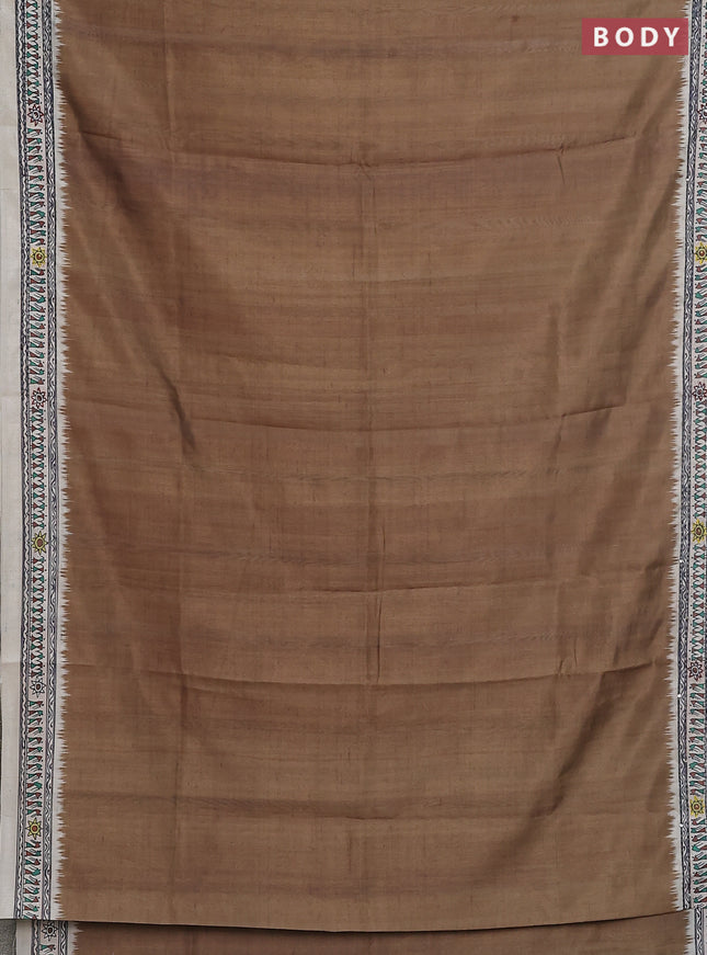 Semi tussar saree dark mehendi green and cream with plain body and warli prints kantha stitch work border