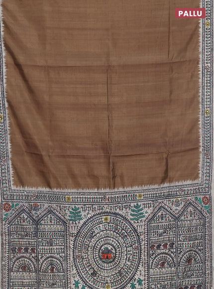 Semi tussar saree dark mehendi green and cream with plain body and warli prints kantha stitch work border