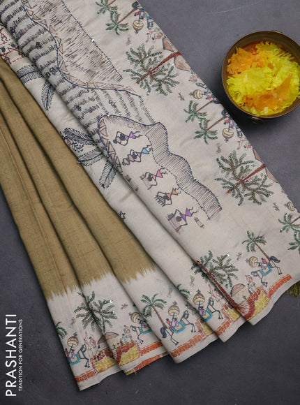 Semi tussar saree sap green and cream with plain body and warli prints kantha stitch work border