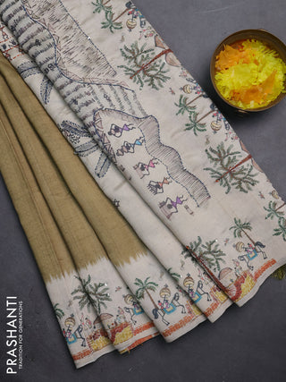 Semi tussar saree sap green and cream with plain body and warli prints kantha stitch work border