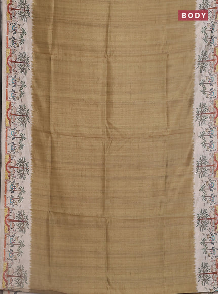 Semi tussar saree sap green and cream with plain body and warli prints kantha stitch work border