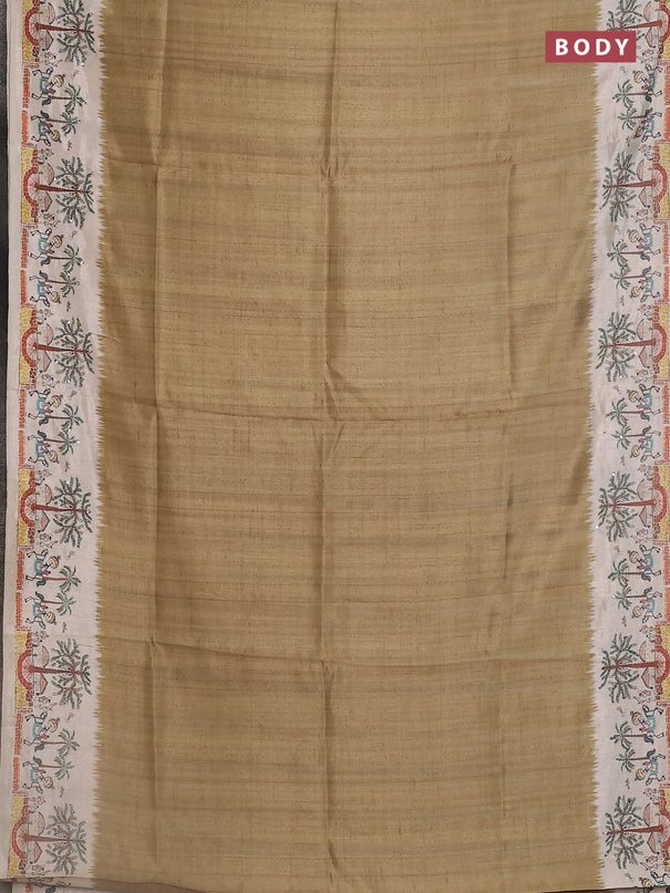Semi tussar saree sap green and cream with plain body and warli prints kantha stitch work border