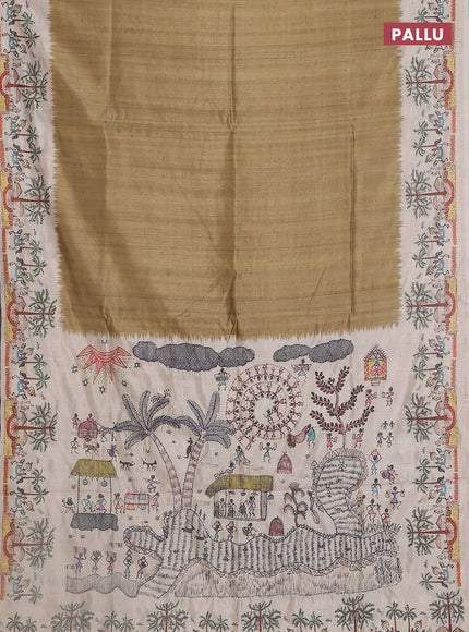 Semi tussar saree sap green and cream with plain body and warli prints kantha stitch work border