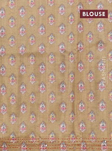 Semi tussar saree sap green and cream with plain body and warli prints kantha stitch work border