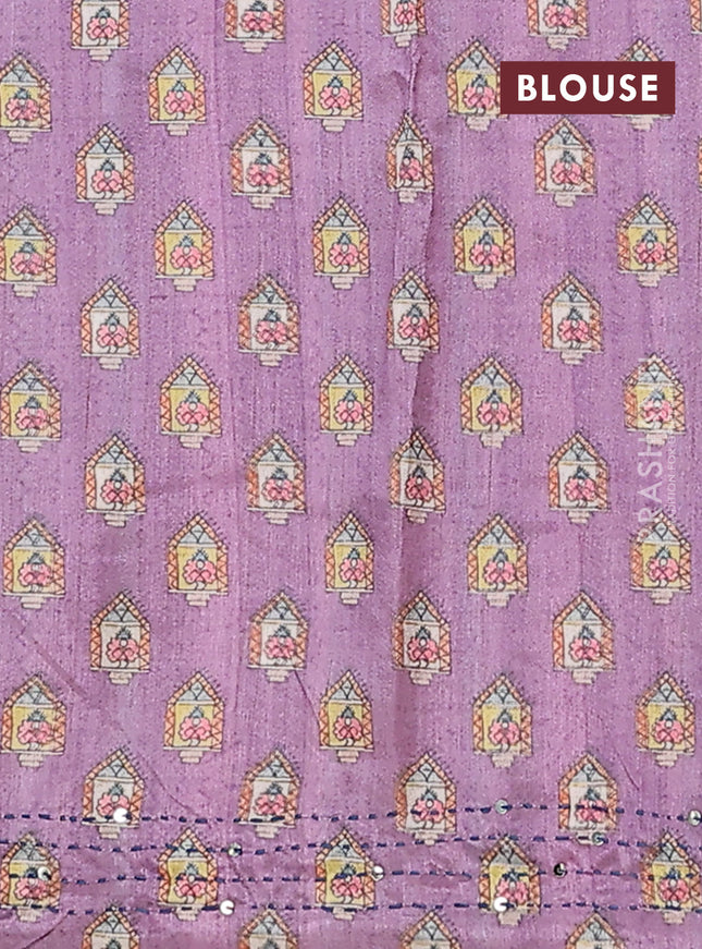 Semi tussar saree purple and cream with plain body and warli prints kantha stitch work border