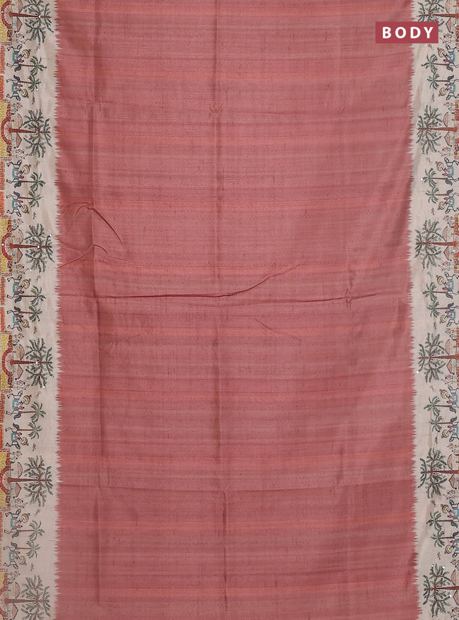 Semi tussar saree peach and cream with plain body and warli prints kantha stitch work border