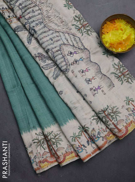 Semi tussar saree pastel green and beige with plain body and warli prints kantha stitch work border