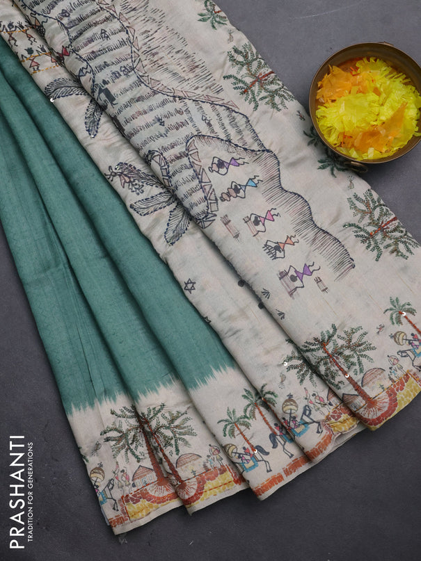 Semi tussar saree pastel green and beige with plain body and warli prints kantha stitch work border