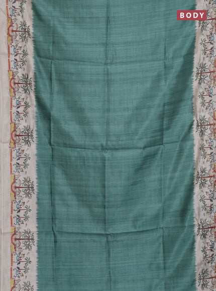 Semi tussar saree pastel green and beige with plain body and warli prints kantha stitch work border