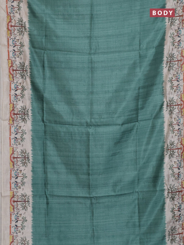 Semi tussar saree pastel green and beige with plain body and warli prints kantha stitch work border