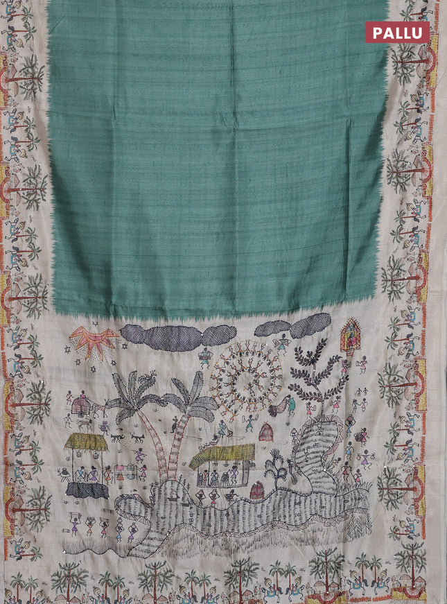 Semi tussar saree pastel green and beige with plain body and warli prints kantha stitch work border