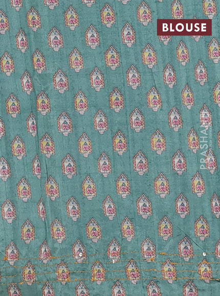 Semi tussar saree pastel green and beige with plain body and warli prints kantha stitch work border