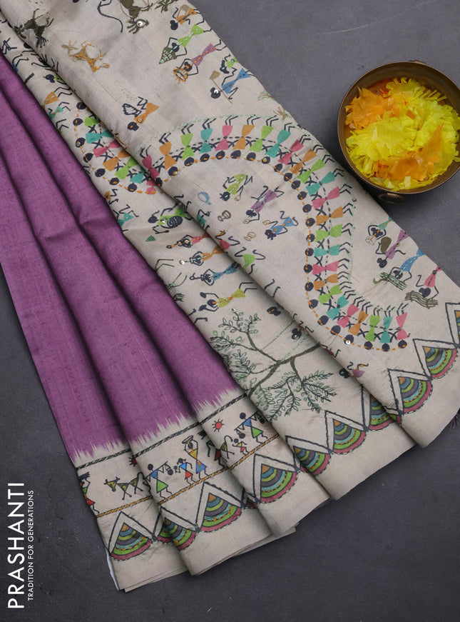 Semi tussar saree purple and cream with plain body and warli prints kantha stitch work border