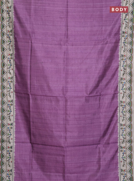 Semi tussar saree purple and cream with plain body and warli prints kantha stitch work border