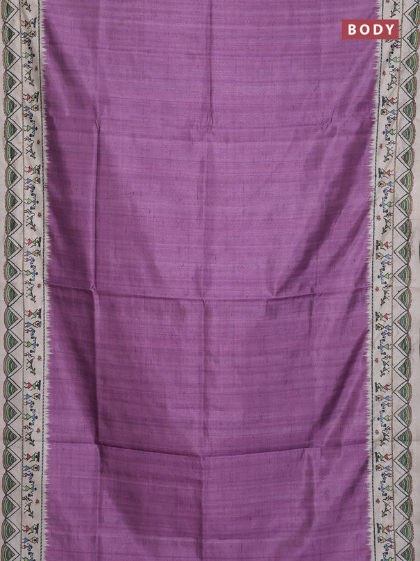Semi tussar saree purple and cream with plain body and warli prints kantha stitch work border