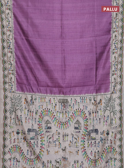 Semi tussar saree purple and cream with plain body and warli prints kantha stitch work border