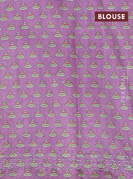 Semi tussar saree purple and cream with plain body and warli prints kantha stitch work border