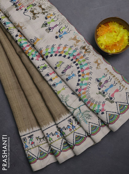 Semi tussar saree green shade and cream with plain body and warli prints kantha stitch work border