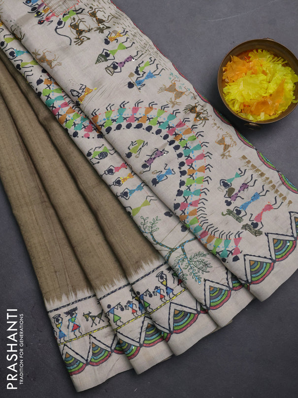 Semi tussar saree green shade and cream with plain body and warli prints kantha stitch work border