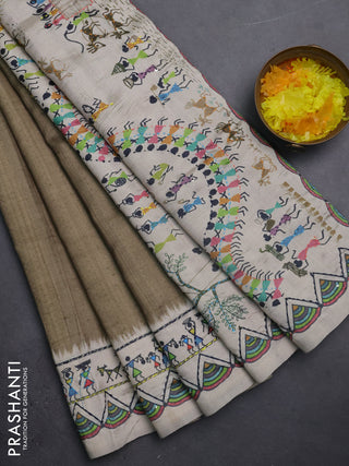Semi tussar saree green shade and cream with plain body and warli prints kantha stitch work border