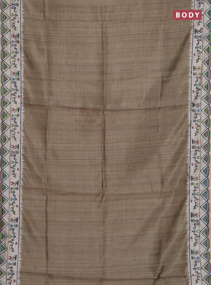 Semi tussar saree green shade and cream with plain body and warli prints kantha stitch work border