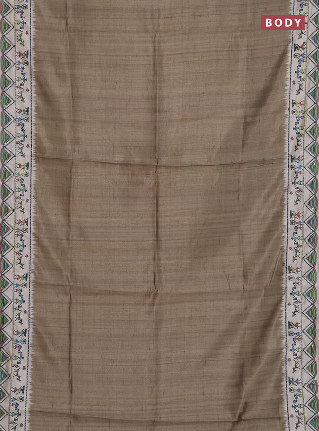 Semi tussar saree green shade and cream with plain body and warli prints kantha stitch work border