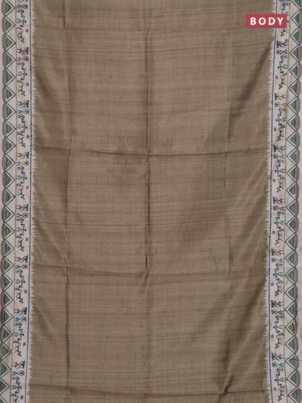 Semi tussar saree green shade and cream with plain body and warli prints kantha stitch work border