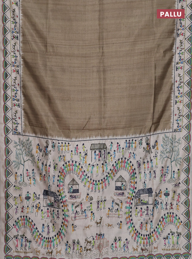 Semi tussar saree green shade and cream with plain body and warli prints kantha stitch work border