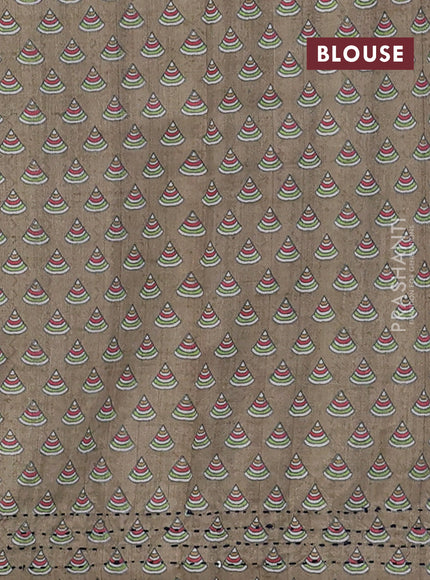 Semi tussar saree green shade and cream with plain body and warli prints kantha stitch work border