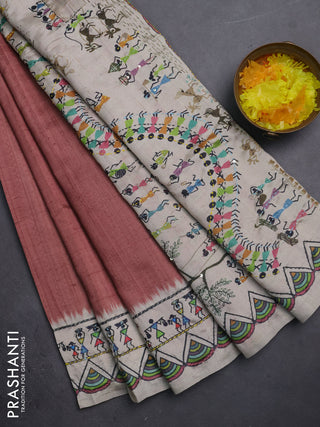 Semi tussar saree brown and cream with plain body and warli prints kantha stitch work border