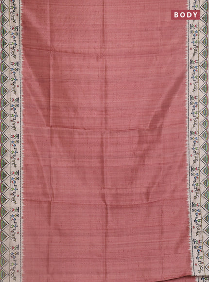 Semi tussar saree brown and cream with plain body and warli prints kantha stitch work border