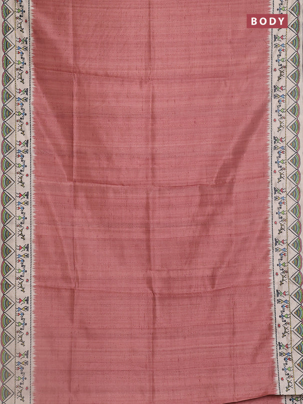 Semi tussar saree brown and cream with plain body and warli prints kantha stitch work border