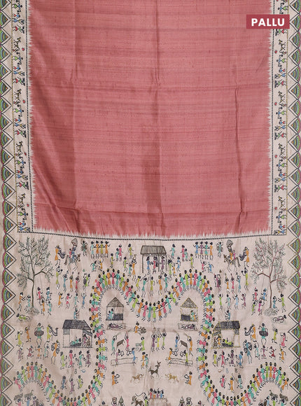 Semi tussar saree brown and cream with plain body and warli prints kantha stitch work border