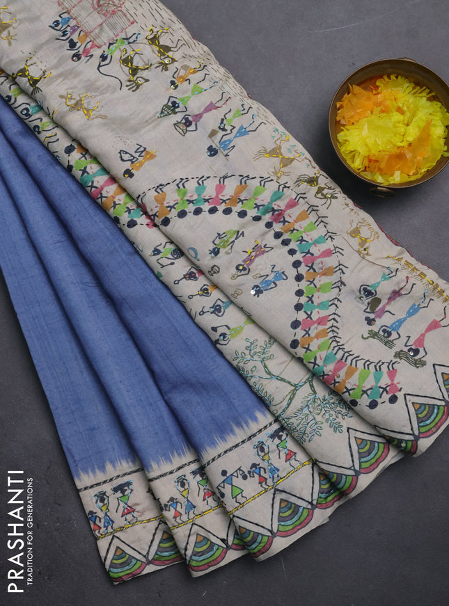 Semi tussar saree blue shade and cream with plain body and warli prints kantha stitch work border