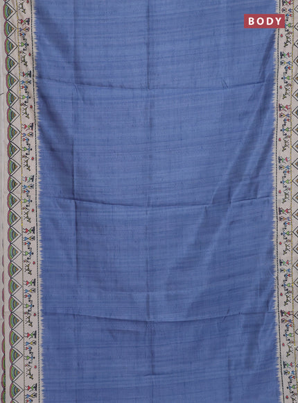 Semi tussar saree blue shade and cream with plain body and warli prints kantha stitch work border