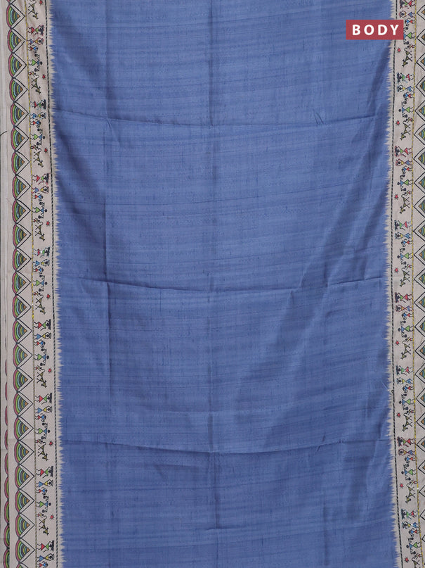 Semi tussar saree blue shade and cream with plain body and warli prints kantha stitch work border