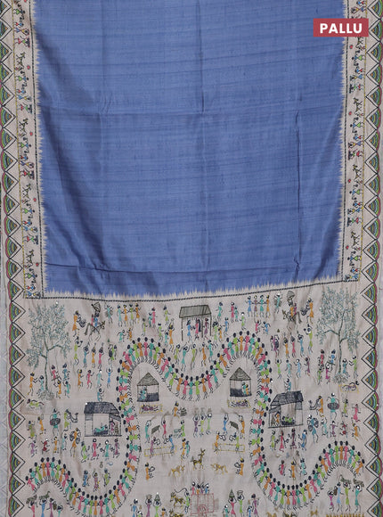 Semi tussar saree blue shade and cream with plain body and warli prints kantha stitch work border