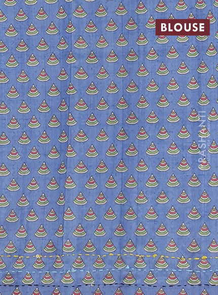 Semi tussar saree blue shade and cream with plain body and warli prints kantha stitch work border