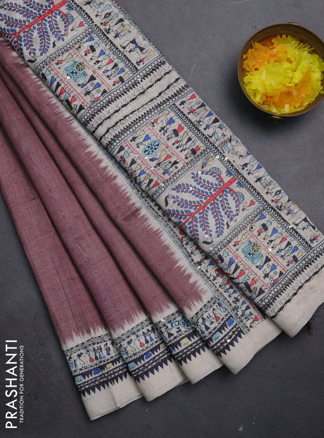 Semi tussar saree rosy brown and cream with plain body and warli prints kantha stitch work border