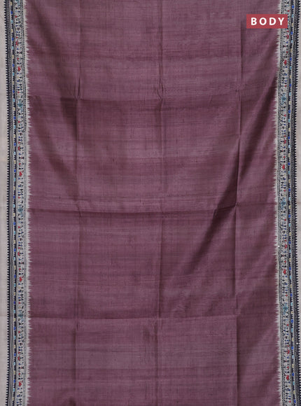 Semi tussar saree rosy brown and cream with plain body and warli prints kantha stitch work border