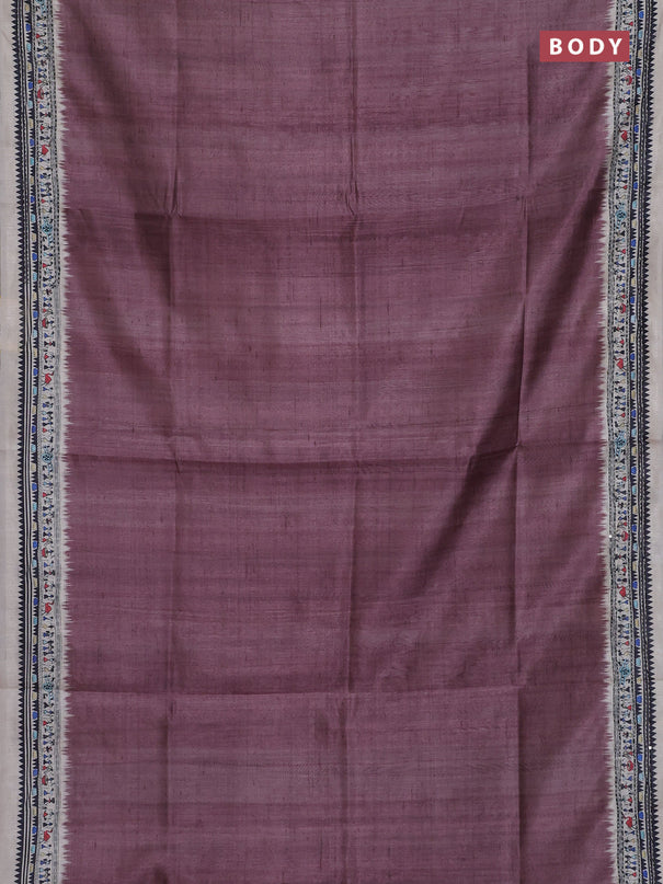 Semi tussar saree rosy brown and cream with plain body and warli prints kantha stitch work border